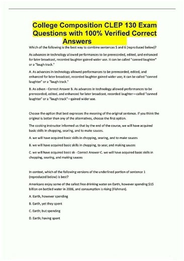 College Composition CLEP 130 Exam Questions with 100 Verified Correct Answers 1184 new video