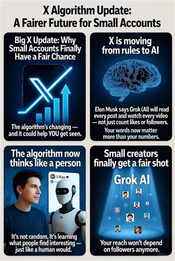 Twitter's algorithm is getting an update, and it's good news for small accounts 🥳 (And thanks to Grok AI for the graphic 😀) | Twitter/X for Small Business with Clair