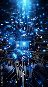A computer chip is shown in a blue and white color scheme. The chip is surrounded by a blue and white background, which gives the impression of a futuristic and advanced technology