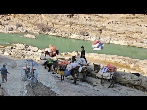 Nomadic life in Iran; 🌊Moving into the heart of nature and mountains, crossing the river🫏🥄🍽