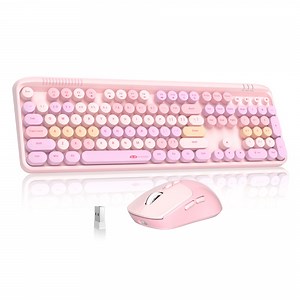 MageGee V920 Wireless Gaming Keyboard and Mouse Combo – Retro Pink Keyboard, Ergonomic Design, 2.4G, Whisper Quiet Keys, Adjustable DPI Mouse, Pink Desk Accessories Office Supplies