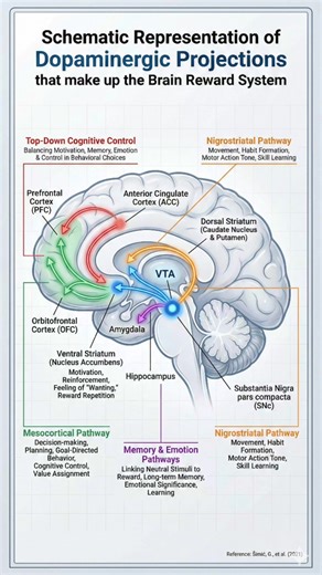 Brain Reward System: Schematic Representation of Dopaminergic Projections that make up the Brain Reward System: The brain’s reward system is organized around dopaminergic neurons whose cell bodies are primarily located in the ventral tegmental area, or VTA. These neurons send projections to multiple brain regions, forming pathways that help the brain detect, evaluate, and pursue rewarding experiences. One major route is the mesolimbic pathway, which projects from the VTA to the ventral striatum,
