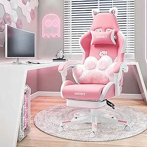 Pink Cat Gaming Chair with Footrest, Ergonomic Cute Gamer Chair with Cat Ears, Comfortable Desk Computer Chair for Girls Adults