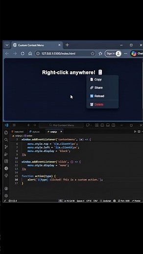 Custom Context Menu using HTML CSS and JavaScript. #animation #coding #webdesign #webanimation