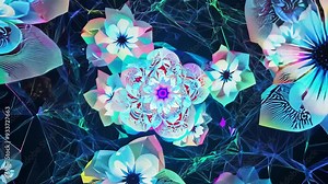 Colorful abstract flowers bloom in a digital landscape with vibrant patterns and shapes