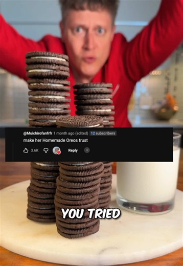 Her rating at the end 💀 you guys picked homemade Oreos for my Polish wife 😬 Recipe: COOKIES 1 1/2 cups all-purpose flour 3/4 cup black cocoa powder 1 tsp baking soda 1/2 tsp salt 1 cup unsalted butter, soft 1 cup granulated sugar 1 egg 1 tsp vanilla FILLING 1/4 cup unsalted butter, soft 1/4 cup refined coconut oil, solid (refined, not virgin) 2 1/2 cups powdered sugar 1 tsp vanilla Pinch of salt 1-2 tsp milk, as needed METHOD 1. Whisk the flour, black cocoa, baking soda and salt together. Blac