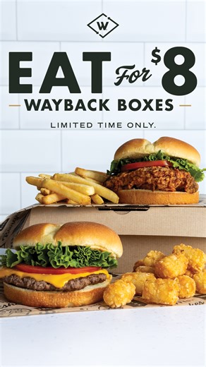 Don’t wait! The $8 Wayback Boxes are ending soon. Order a Single Cheeseburger or a Crispy Chicken Sandwich paired with Fries or Tots for only $8. See terms: https://bit.ly/termswb | Wayback Burgers | Facebook