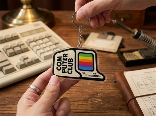 Retro Computer Club Keychain, Vintage 80s PC Keyring, Tech Geek Gift, Rainbow Monitor Charm