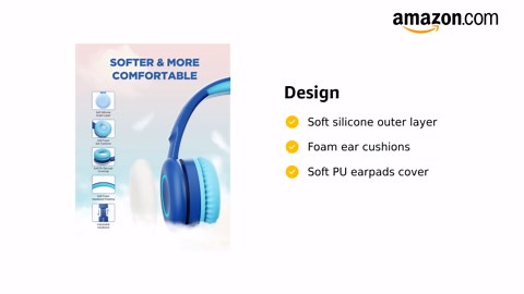 BIGGERFIVE Kids Wireless Bluetooth Headphones with 7 Colorful LED Lights, 50H Playtime, Microphone, 85dB/94dB Volume Limited, Foldable On Ear Headphones for School/Girls/Boys/Fire Tablet, Blue