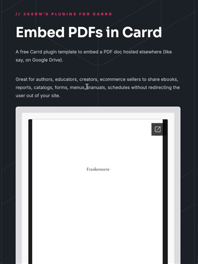 ✨ Embed and view PDFs in your Carrd site A free Carrd plugin template to embed a PDF doc hosted elsewhere (like say, on Google Drive). Great for authors, educators, creators, ecommerce sellers to share ebooks, reports, catalogs, forms, menus, manuals, schedules without redirecting the user out of your site. 📄 https://embedpdf.carrd.co FREE to download. Requires at least the Pro Standard plan. — #carrd #carrdco #carrdinspo #carrdtutorial #carrdpng #carrds #carrdcommissions #carrdtemplates #carrd