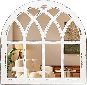 PARISLOFT Distressed Arched Window Pane Wood Framed Wall Mirror, Cathedral Accent Wall Mirror,Farmhouse Wall Decor (White)