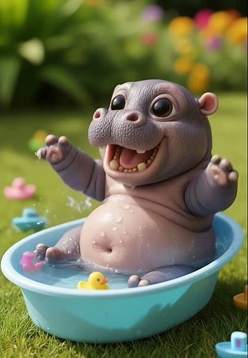 Cute Baby Hippo Laughing in a Bathtub