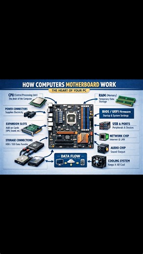 How does Computer Motherboard work? The motherboard is the heart of a computer that connects all major components like CPU, RAM, storage, and ports. #computer #motherhood | Computer Siksha
