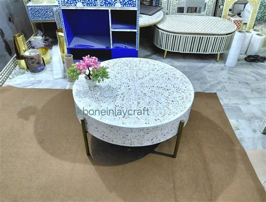 Round Mother of Pearl Inlay Coffee Table With Brass Legs – Floral Design Accent Table - Etsy