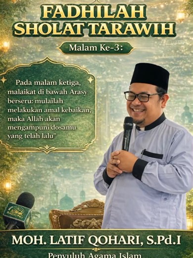 Malam Ke-3: وَفِى اللَّيْلَةِ الثَّالِثَةِ يُنَادِيْ مَلَكٌ مِنْ تَحْتِ الْعَرْشِ اِسْتَأْنِفِ الْعَمَلَ غَفَرَ اللهُ مَا تَقَدَّمَ مِنْ ذَنْبِكَ Artinya: Pada malam ketiga, malaikat di bawah Arasy berseru: mulailah melakukan amal kebaikan, maka Allah akan mengampuni dosamu yang telah lalu. #ramadhan #tarawih #kyai #fyp #viral