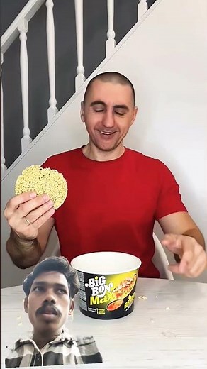 He tried all the ways not to spill the noodles on the floor