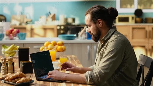 Man communicates with AI chatbot and image generator, transforming text to image with prompts. Artificial intelligence tools, autonomous software, and real-time interaction for creative tasks.