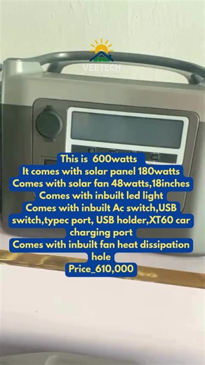 All-in-One Power Solution! 🔋☀️ Introducing our 600W Solar Inverter Combo — built for convenience, power, and portability. Here’s what you get: 🔌 600W Inverter ☀️ 180W Solar Panel 🌬️ 48W | 18-inch Solar Fan 💡 Inbuilt LED Light 🔋 AC Switch, USB Ports, Type-C, XT60 Car Charger 🌡️ Inbuilt Heat Dissipation Fan All for just ₦610,000! Perfect for homes, offices, and mobile setups. 📍Visit us in Ikorodu | 🚚 Nationwide Delivery 📞 DM or Call to order now! #VEETECHPower #SolarInverter #600WInverter