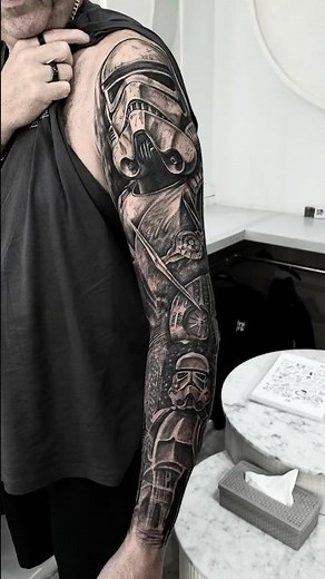 ✨ Star Wars Realism Outer Arm Sleeve Tattoo | Stormtrooper Black & Grey Sci-Fi Sleeve Design