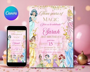 Editable 3rd Princess Birthday Invitation Pink Princess Invitation Her Royal Threeness Invitation Princesses Theme Invite Watercolor Invite - Etsy