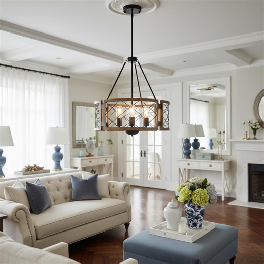 Farmhouse Chandelier Light, Rustic Wood Lighting, Ceiling Drum Light, Kitchen Island - Etsy