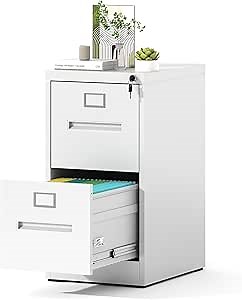 2 Drawer File Cabinet, Vertical File Cabinet with Lock, Metal Locking Filing Storage Cabinet for Home Office, Hanging Files for A4/ Legal/Letter, Assembly Required, White
