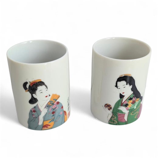 Vintage Hand-painted Geisha Porcelain Tea Cups | Set of 2 Japanese Yunomi | Floral Kimono Art | - Etsy