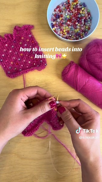 how to insert beads into knitting🫶 full pattern out on yt - materialgrrrlz :) #fiberart #knittingtutorial #beading