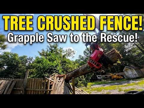 Massive Tree Fails, CRUSHES Fence: Grapple Saw Rescue!