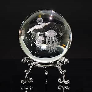 ZWIN 60mm Jellyfish Crystal Ball Paperweight 3D Laser Engraved Glass Ball with Stand and Gift Box, 2.36 inch Decorative Glass Sphere Glass Ball Ornament Sphere Table Desktop Decor Crafts