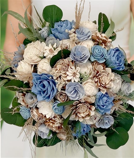 Dusty Blue Wedding Bouquet | Blue, Ivory, Green | Sola Wood Flowers Eucalyptus & Pine | Boutonniere, Bridesmaids, Corsage, Ceremony | CLARA - Etsy