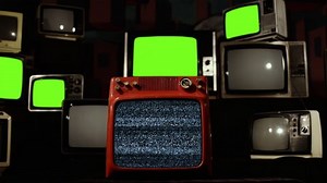 TV Transition Effect, Old TV with Green Screen and Stacked Retro Televisions with Intermittent Green Screens. Two Clips in One. 4K Resolution.