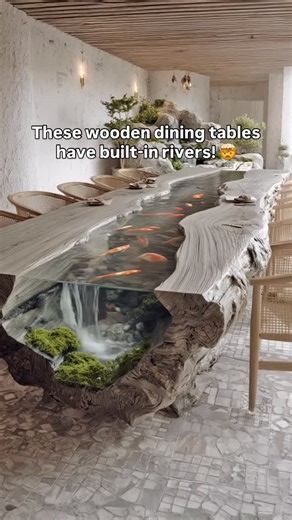 Inspiring Designs on Instagram: "Absolutely stunning wooden dining tables that have built-in flowing rivers! Some with fish! I think I need one! 🤯👏👏"