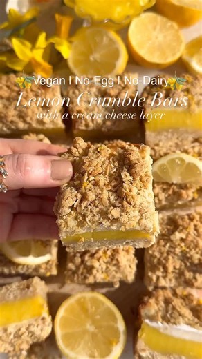 Lemon Crumble Bars🍋 COMMENT ‘LEMON’ and I’ll DM you the recipe link! Follow @thelittleblogofvegan for the best vegan recipes! Deliciously zesty & super easy Vegan Lemon Crumble Bars are layered with lemon shortbread, homemade zesty lemon curd, a lemon cream cheese filling topped with more crumble! 🍋Vegan, No-Egg, No-Dairy and best of all.. EASY TO MAKE! Absolutely delicious, you’ll love them friends! ——> Get the recipe on my website: thelittleblogofvegan.com Type ‘Vegan Lemon Crumble Bars’ in 