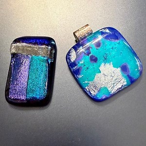 Two Colorful Blue Purple & Silver Dichroic Glass Pendants