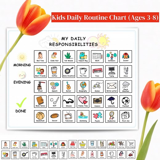 Kids Daily Routine Chart Printable Responsibility Checklist for Morning & Evening Visual Schedule for Children Ages 3-8, Chore Chart, PDF - Etsy