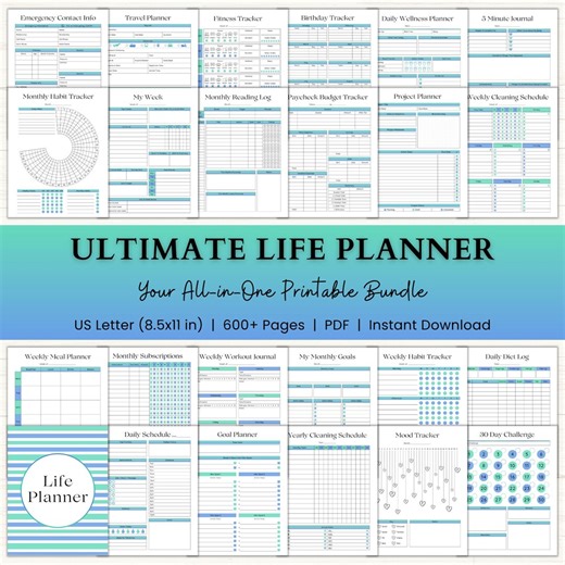 Ultimate Life Planner Bundle Printable: Productivity, Habits & Emergency Planning (PDF) – Blue Green - Etsy