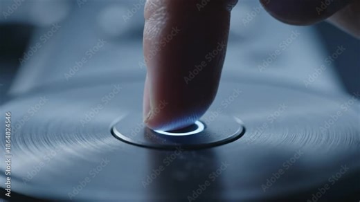 Finger pressing illuminated power button on modern brushed metal appliance activating startup process