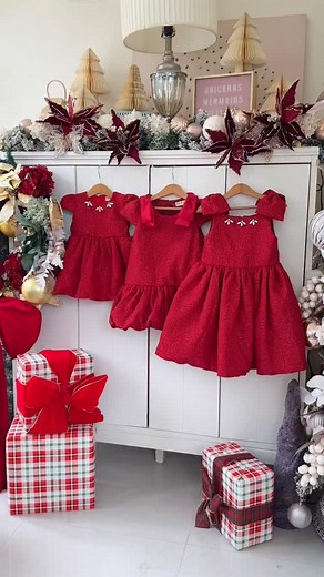 Holiday threening styles that aren’t too matchy matchy? We think we knocked it out of the park with our Sloane baby dress, Madeline, and Fleurine dresses in red jacquard♥️ Send some love if you agree!🥰 | Laila and Lyra