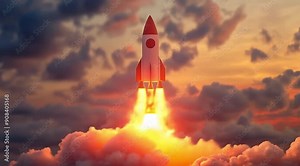 Rocket launch scene in the clouds, Camera slow motion with different angles