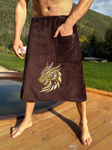 Towel Mans, Men’s Sauna Kilt Hat Set – Cotton Terry Wrap With Pocket & Velcro, Brown Lion Embroidery, Bath/spa Towel Wrap - Etsy