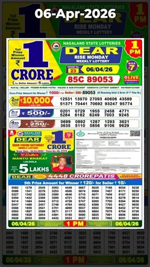 Nagaland State Lottery Sambad 1 PM Result Today 06/04/2026 | Lottery Sambad Live | Dear Lottery Live