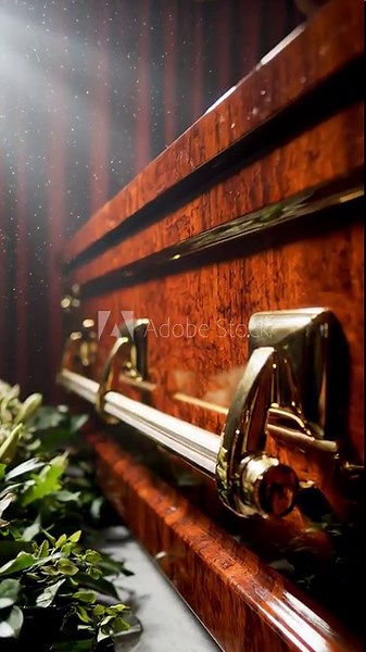 Dark wooden casket resting in silent mortuary chapel with atmospheric beams, slow cinematic zoom
