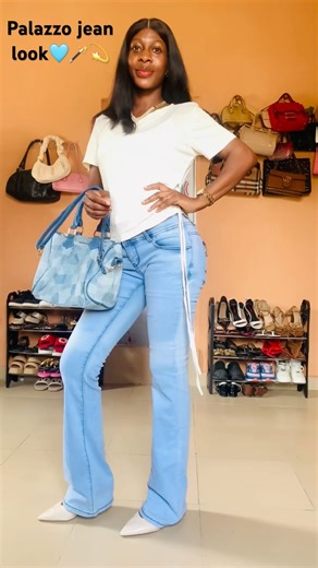 How to Style Palazzo Blue Jeans | Cream Top & Denim Bag Look#fashion #ootd #shorts