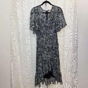 Calvin Klein Black and White Lined High-Low V Neck Ruffle Wrap Style Sundress