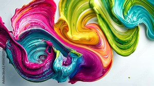 Abstract swirls of paint exhibit vibrant hues on a white background, creating a dynamic and visually appealing composition
