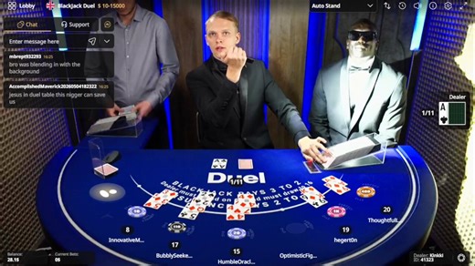 Owner of Duel casino Ossi Ketola dealing cards at Blackjack and using flashlight on black man and saying "one of us now"