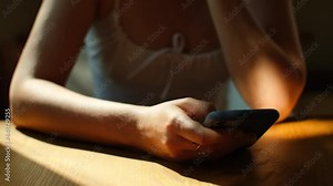 Woman scrolling web page on mobile phone. Female hands using smartphone browsing online on social media page or checking news feed sitting in coffee shop