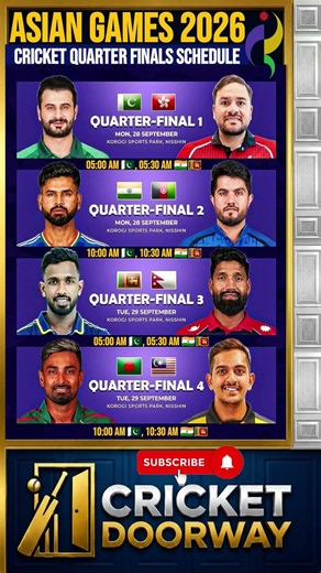 Asian Games 2026 Cricket Quarter Final Schedule 🏏 Pakistan vs Hong Kong | India vs Afghanistan