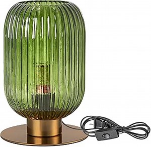 Green Glass Table Lamp, Mid Century Modern Table Lamp Vintage Gold Bedside Lamp with Brass Metal Base, Decorative Desk Lamp Small Boho Lamps for Bedroom Nightstand Living Room Office